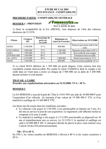 Sujet corrigé Etude de Cas BTS Finances Comptabilité 2001