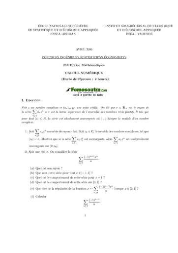 Sujet de Calcul numérique ISE option maths 2006 (ENSEA - ISSEA)