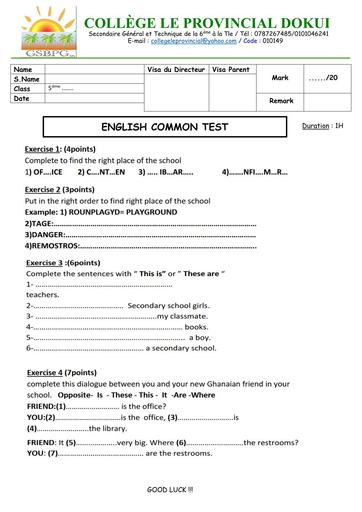 DEVOIR D'ANGLAIS N°1 NIVEAU 5ième PROVINCIAL Octobre 2025 by TEHUA