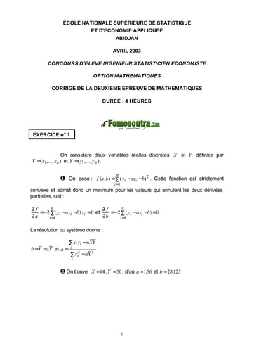 Corrigé 2ème épreuve de maths ISE option maths 2003 (ENSEA)