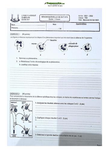 Sujet de SVT Terminale D Lycée Classique Abidjan 2021-2022