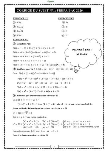 PREPA BAC 2026 KABY MATHS Tle D CORRIGE 3 prémiers SUJETS BY TEHUA