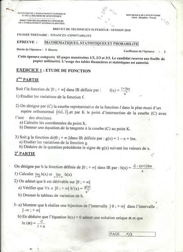 Examen BTS tertiaire 2010 math statistique proba FC