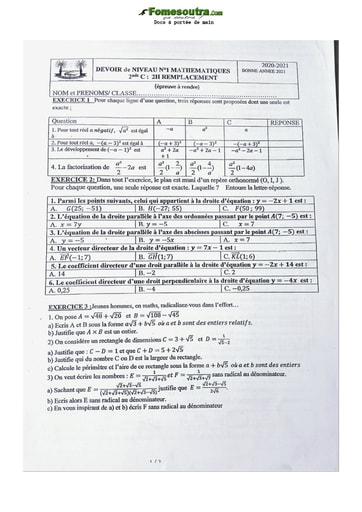 Devoir de Maths 2ndeC lycée classique 2021