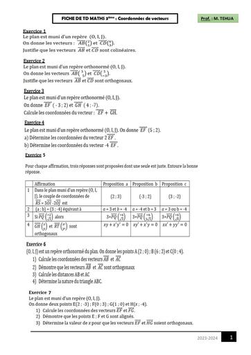 FICHE travaux dirigés 3ieme Coordonnées de vecteurs by Tehua