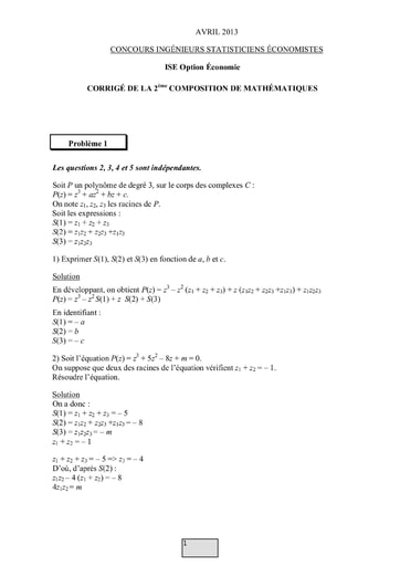 Corrigé 2ème épreuve de maths ISE option économie 2013 (ENSEA - ISSEA - ENSAE)