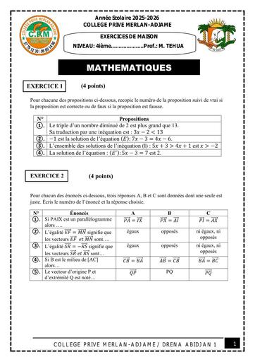 FICHE D'EXERCICE DE MAISON MATHS NIVEAU 4ième  CONGE DE PAQUE AVRIL 2026 BY TEHUA