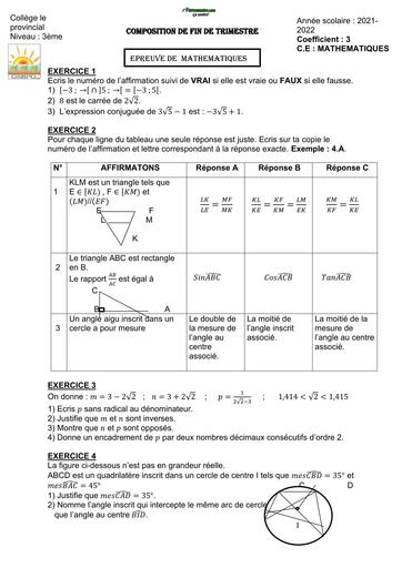 COMPOSITION DE FIN DE TRIMESTRE DE MATHS NIVEAU 3ième du 7 Février 2022 by TEHUA