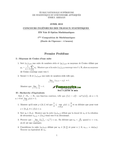 Sujet 1ère épreuve de maths ITS B option Maths 2010 (ENSEA)