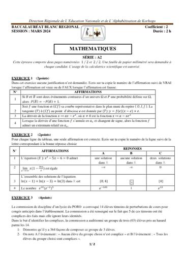 Bac blanc Maths serie A2 vrai Korhogo 2024 by Tehua