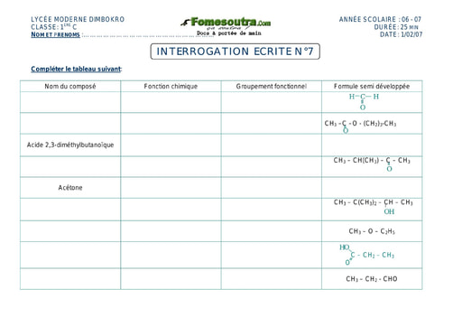 Interrogation (2) de Chimie 1ère C Lycée Moderne de Dimbokro