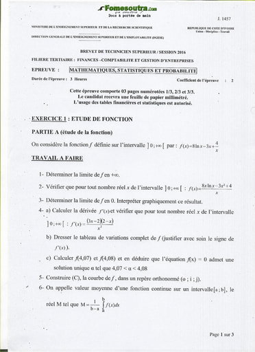 Sujet Mathématiques, Statistiques et Probabilité BTS 2016 - Finances Comptabilité et Gestion d'Entreprises