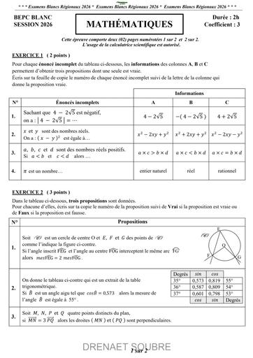 BEPC blanc 2026 Maths Drena Soubré sujet+barème By TEHUA