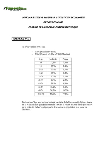 Corrigé Analyse d'une documentation statistique ISE option économie 1999 (ENSEA)