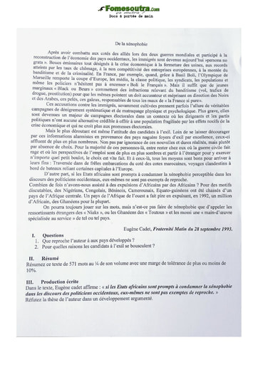 Sujet de Français (De la Xénophobie) niveau Terminale - Lycée Classique d'Abidjan