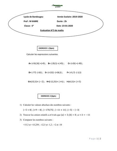DEVOIR DE MATHS 3 NIVEAU 5ième KABRE bandougou by TEHUA