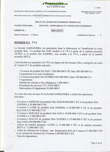 Sujet de Fiscalité BTS Finances Comptabilité et Gestion d’Entreprises 2016