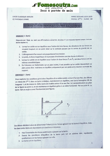 Sujet Seconde C Physique-Chimie 2020-2021 Lycée Classique Abidjan