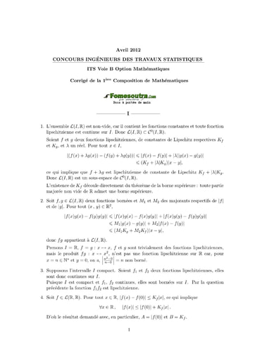 Corrigé 1ère épreuve de maths ITS B option Maths 2012 (ENSEA)