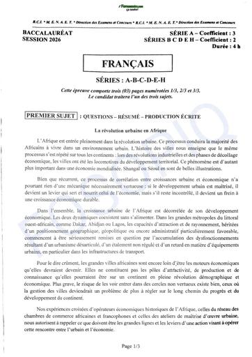 BAC 2026 Fr(résumé de texte) série ABCD sujet+ barème Ci By TEHUA