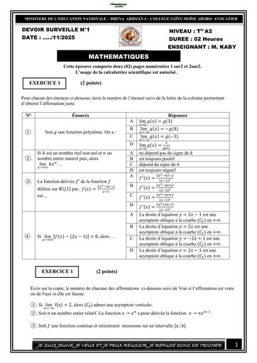 DEVOIR DE MATHS  NIVEAU Tle A2 COLLEGE SAINTE MOISE ABOBO 2026 BY TEHUA