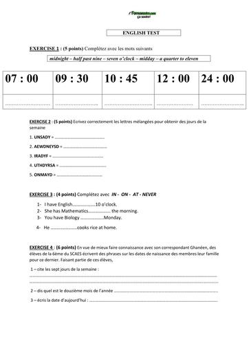 DEVOIR D'ANGLAIS NIVEAU 6ième unit 3 by TEHUA