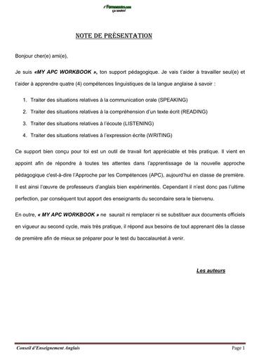 Fiche de cours Anglais APC Niveau 1ière A by Tehua