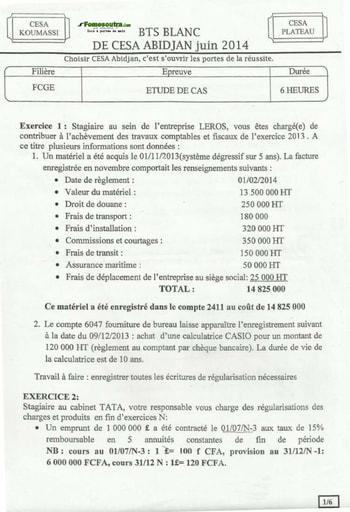 Sujet Etude de Cas BTS blanc Filière FCGE - CESA Koumassi 2014