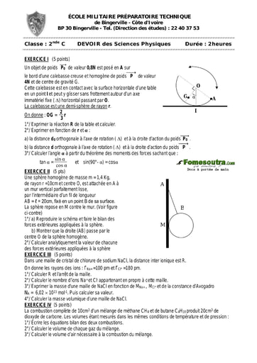 Devoir (22) de Physique-Chimie 2nde C - EMPT Bingerville