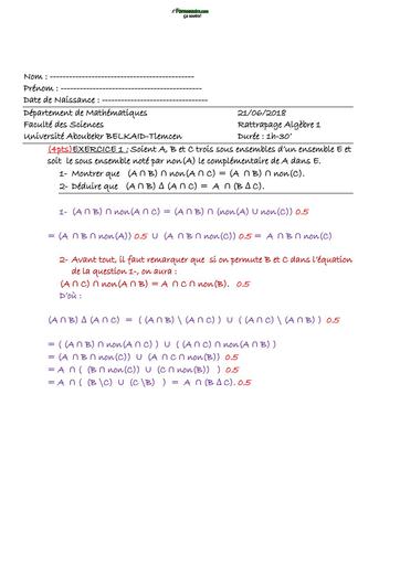 Examen8 Algèbre 1 MI L1 Tlemcen by TEHUA