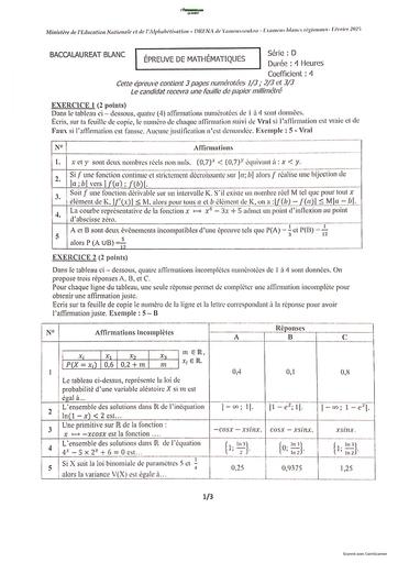 BAC Blanc Yamoussoukro Mathématiques D FEVRIER 2025 BY TEHUA