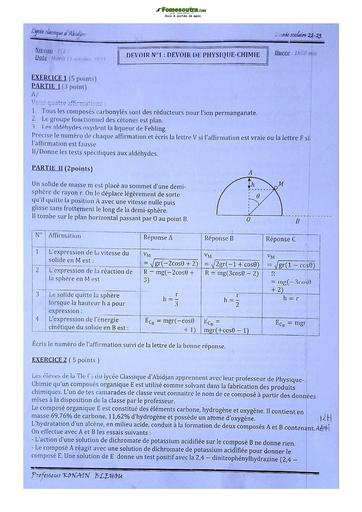 Sujets de Physique-Chimie Terminale C Lycée Classique 2022-2023