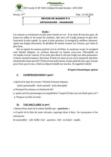 Devoir Grammaire Orthographe Niveau 6ème