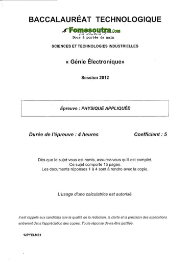 Sujet de Physique Appliquée - BAC Génie Électronique 2012