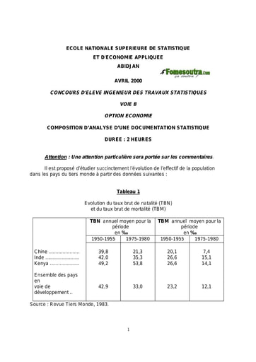 Sujet d' Analyse d'une Documentation Statistique ITS B option Economie 2000 (ENSEA)