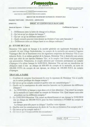 Droit et Contentieux Bancaire BTS Finances Assurance 2013