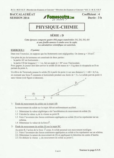 Sujet de Physique-Chimie BAC D 2014