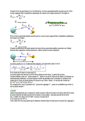 Sujet corrigé (1) de Physique portant sur l'interaction gravitationnelle Terminale C et E