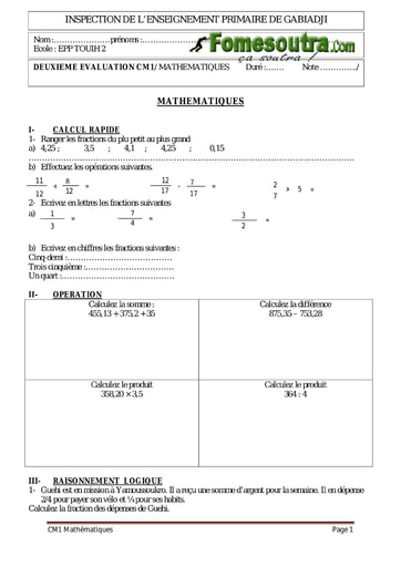 Devoir de Mathématiques (2) niveau CM1 - EPP TOUIH 2