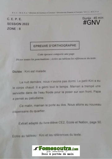 Sujet d'Orthographe (Dictée) CEPE 2022 zone 2