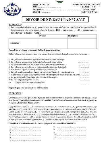 Sujet 1ière A Devoir niveau n°2  SVT 1ière A Collège Béréthé (Cycle menstruel) By Tehua