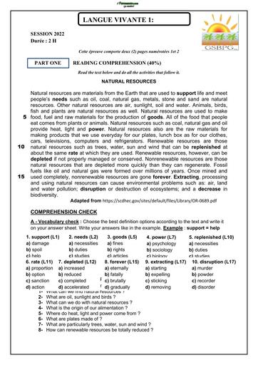 ENGLISH TEST 2 LEVEL 1ere A NATURAL RESOURCES by TEHUA