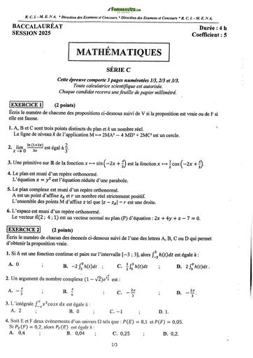 BAC 2025 Côte d'Ivoire SUJET+ BAREME MATHEMATIQUES SERIE C BY TEHUA