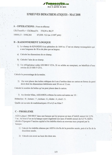 Sujet et corrigé de Mathématiques concours d’entrée à l'EMPT Bingerville 2008