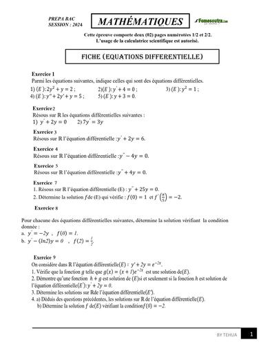 Prepa BAC 2024 FICHE EQUATIONS DIFFERENTIELLES by Tehua