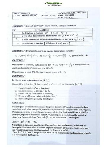 Sujet de Mathématiques Niveau Première A Lycée Classique Abidjan 2021-2022