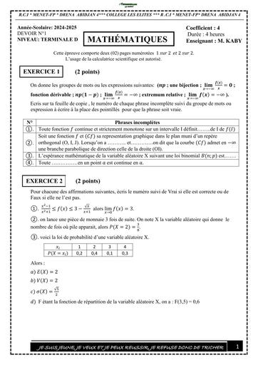 DEVOIR DE Maths N°2 NIVEAU Tle D (LIMITES ET PROBA) Novembre 2025 BY TEHUA