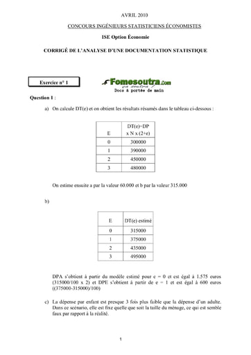 Corrigé Analyse d'une documentation statistique ISE option économie 2010 (ENSEA - ISSEA)