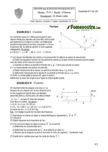 Devoir (3) Physique-Chimie niveau Terminale D - EMPT Bingerville