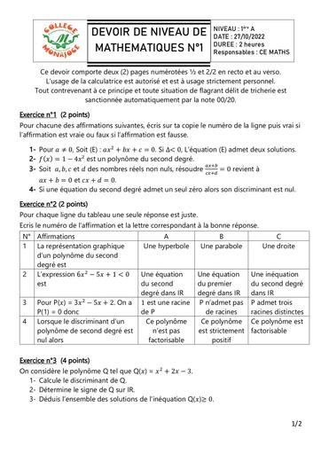 DEVOIR MATHS NIVEAU OCTOBRE 2022 1ere A By DJAHA